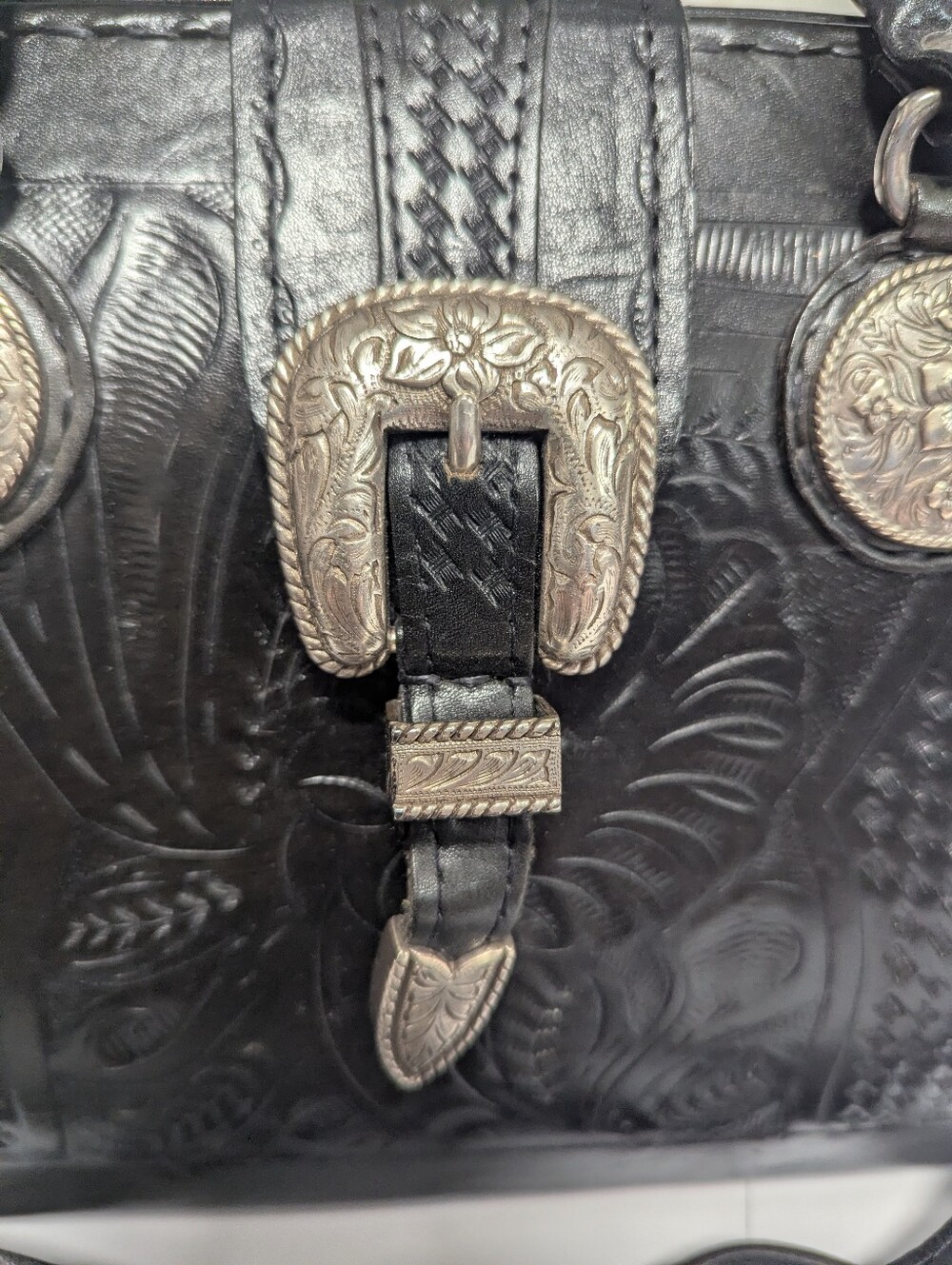 American West Black Western-Style Tooled Leather Satchel - Picture 9 of 10